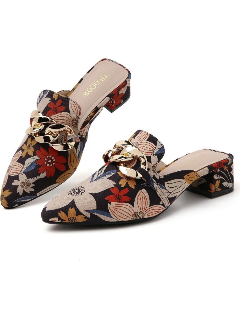 Chic Metal Chain Heeled Mules for Women - Stylish Closed Toe Slip-On Shoes